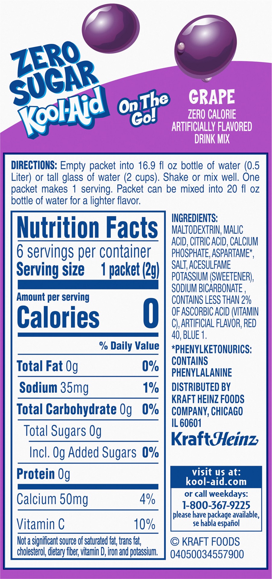 slide 2 of 5, Kool-Aid Grape Zero Sugar Artificially Flavored Drink Mix, 6 ct On-the-Go-Packets, 8 per Case, 0.36 oz