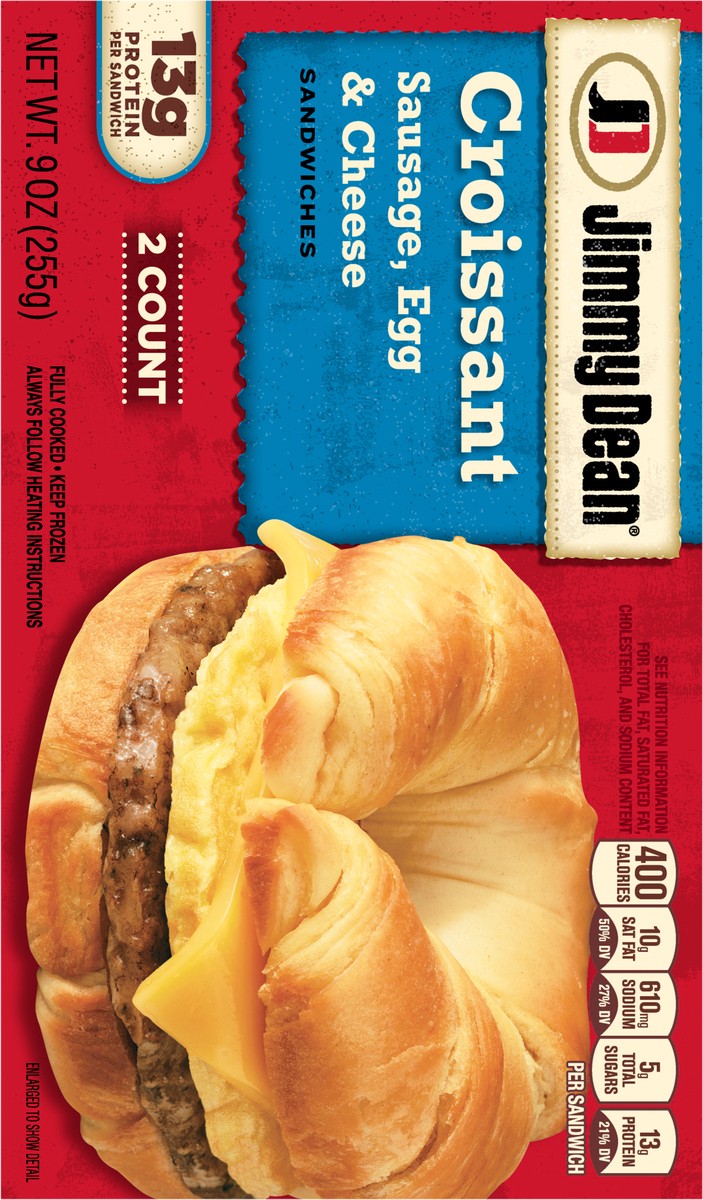 slide 7 of 9, Jimmy Dean Croissant Breakfast Sandwiches with Sausage, Egg, and Cheese, Frozen, 2 Count, 2 ct
