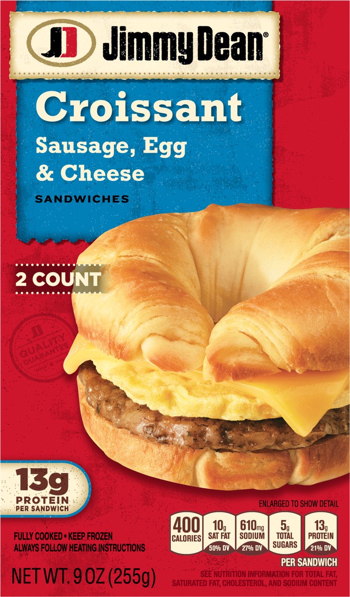 slide 8 of 9, Jimmy Dean Croissant Breakfast Sandwiches with Sausage, Egg, and Cheese, Frozen, 2 Count, 2 ct