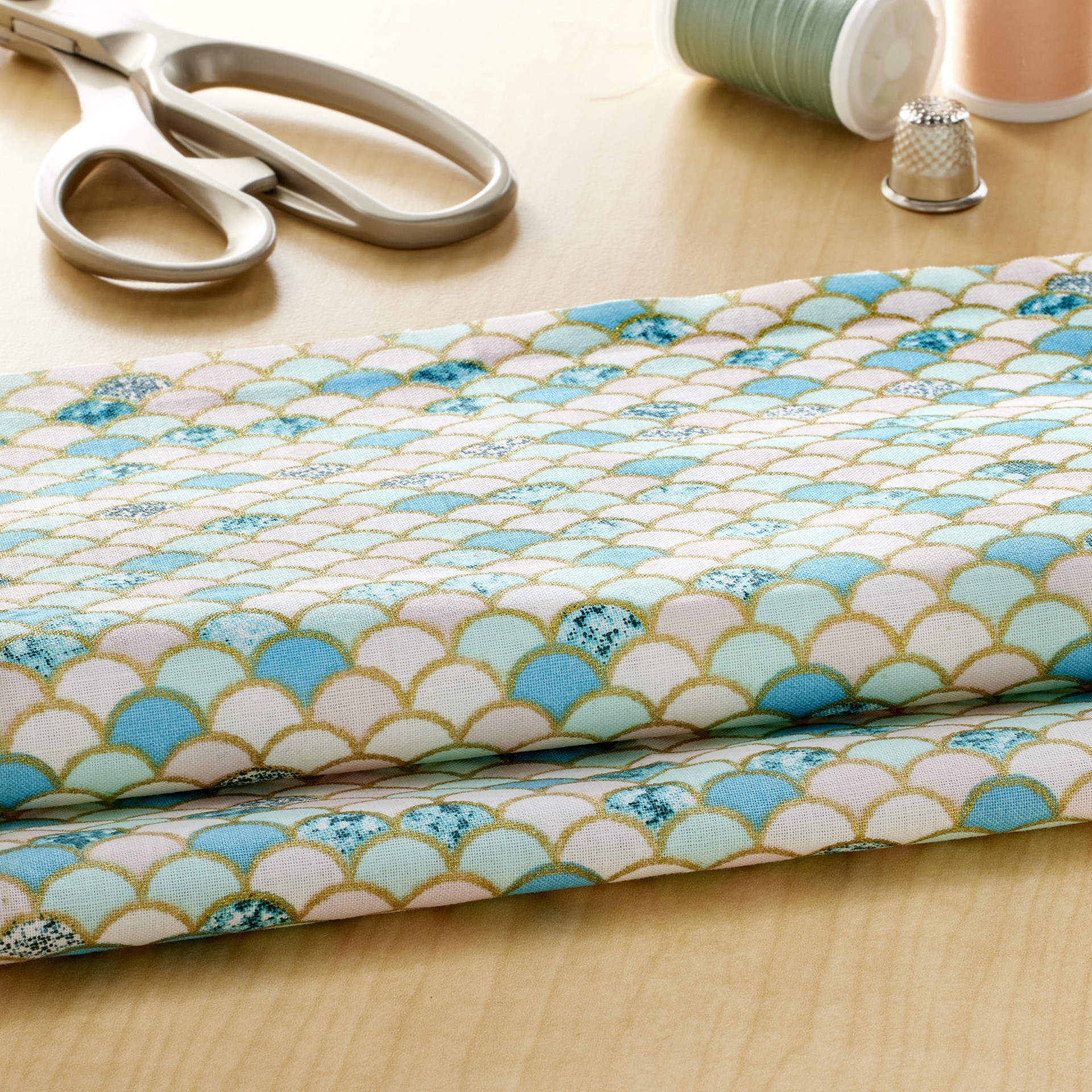 slide 4 of 4, Blue & White Scales Cotton Fabric By Loops & Threads, 18 in x 21 in