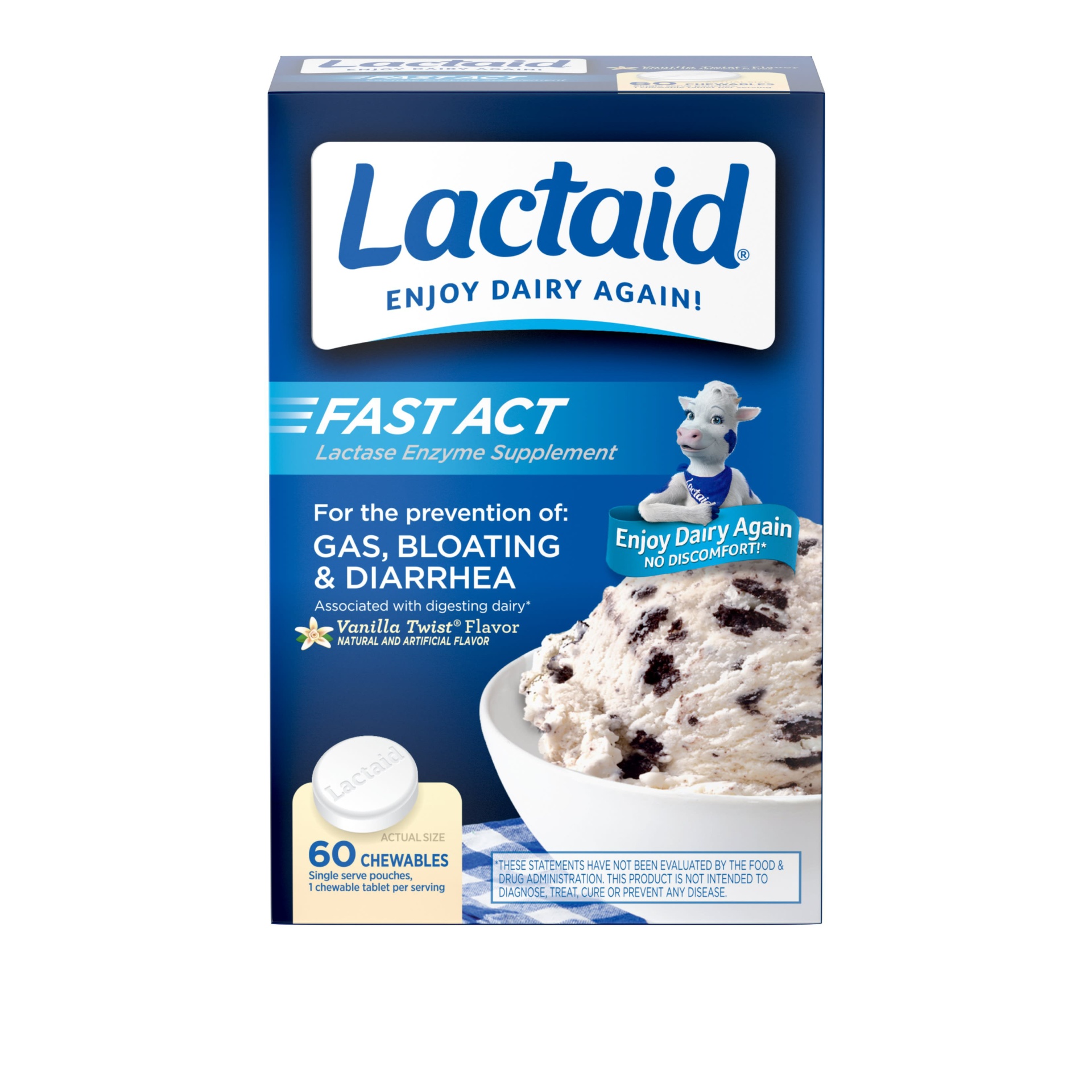 slide 1 of 6, Lactaid Fast Act Lactose Intolerance Relief Chewables with Natural Lactase Enzyme to Prevent Gas, Bloating & Diarrhea Due to Lactose Sensitivity, On-the-Go, Vanilla Twist Flavor, 60 x 1 ct, 60 ct