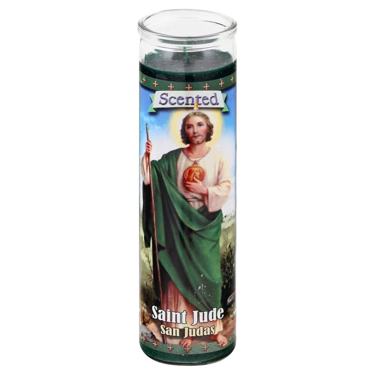 slide 1 of 1, Reed Candle St. Jude Perfume Green Wax Religious Candle, 8.5 oz