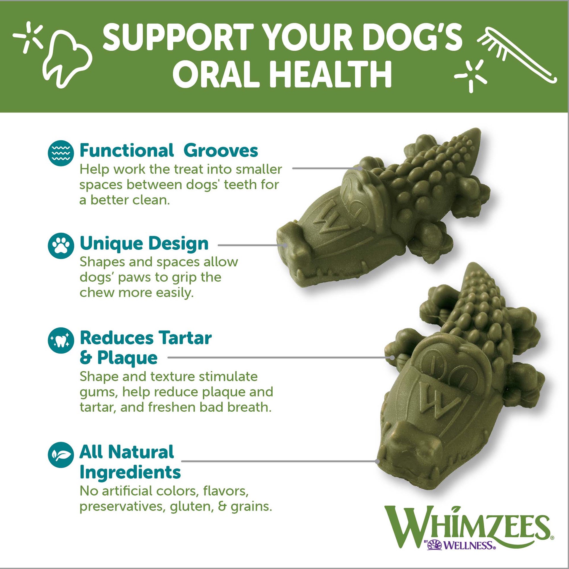 slide 2 of 5, WHIMZEES Wellness Alligator Dog Dental Treats, Natural Chews, Medium Size, (12 Count), 1 ct
