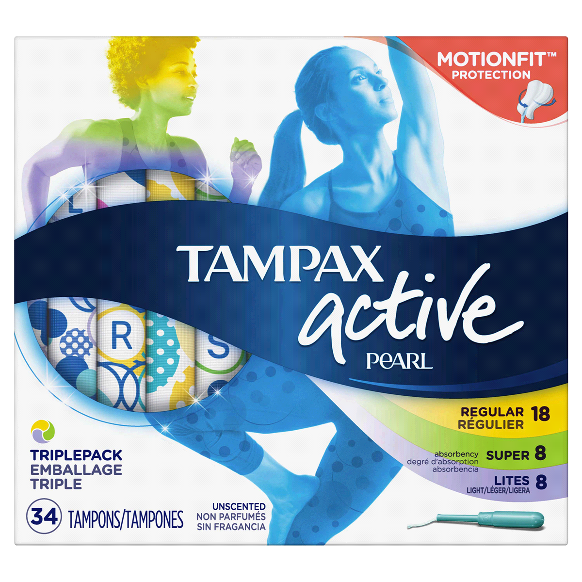 slide 3 of 8, Tampax Pearl Active Tampons Triple Pack Light Regular Super Plastic Unscented, 34 ct