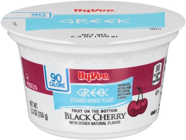 slide 1 of 1, Hy-vee Black Cherry Fruit On The Bottom Greek Strained Nonfat Yogurt, 5.3 oz