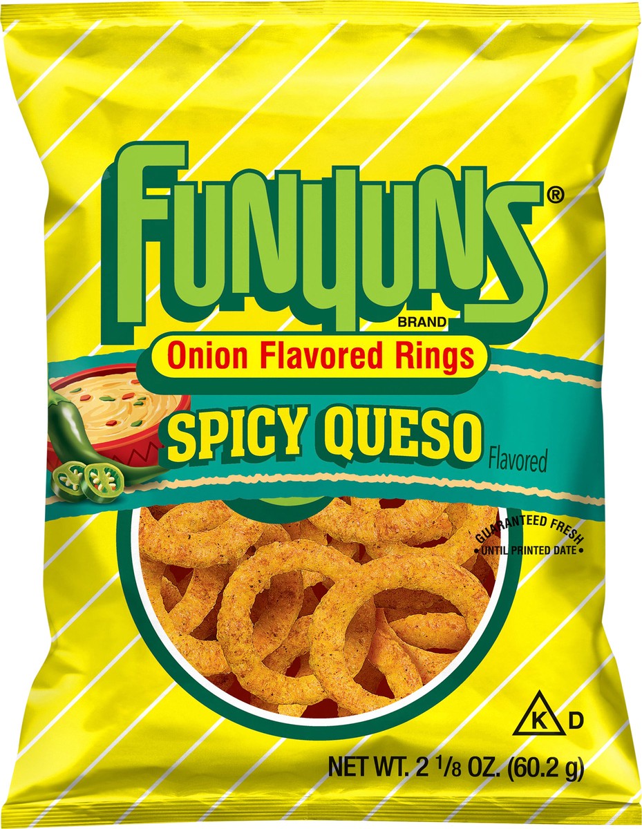 slide 2 of 3, Funyuns Onion Flavored Rings Spicy Queso Flavored 2 1/8 Oz, 2.12 oz