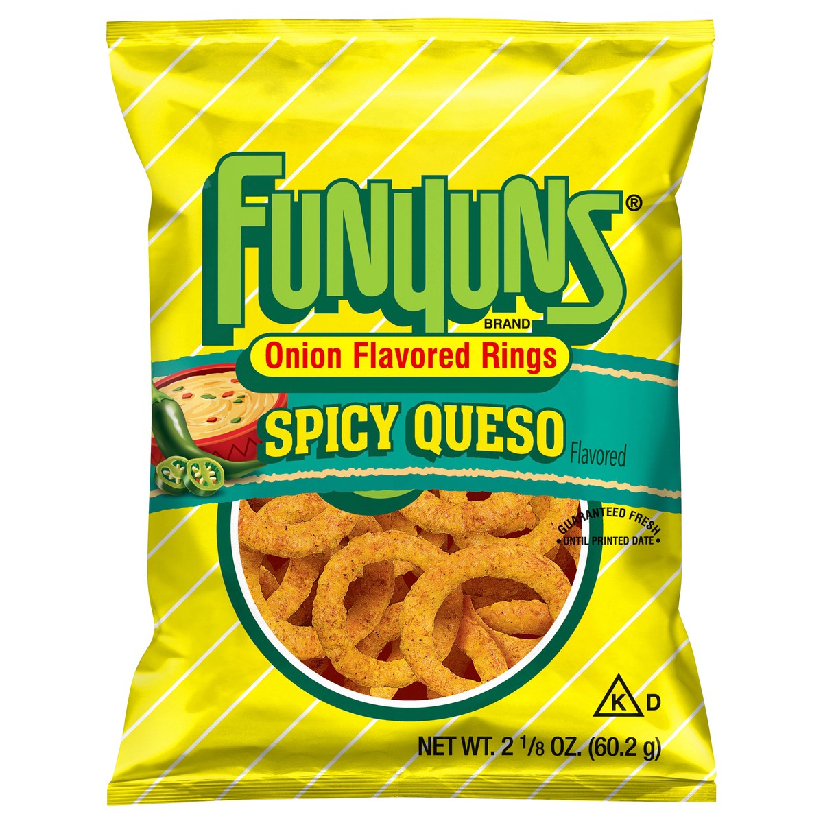 slide 1 of 3, Funyuns Onion Flavored Rings Spicy Queso Flavored 2 1/8 Oz, 2.12 oz