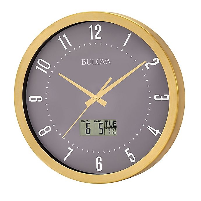 slide 1 of 2, Bulova Lobby Round Wall Clock - Gold, 14 in