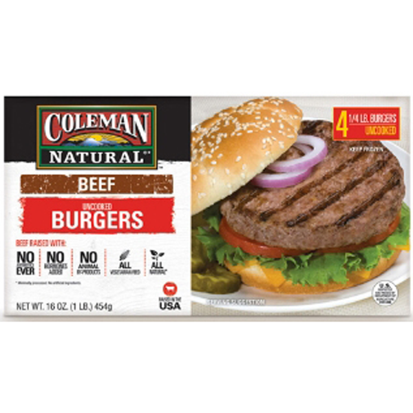 slide 1 of 1, Coleman Natural Uncooked Frozen Beef Burgers, 4 ct; 16 oz