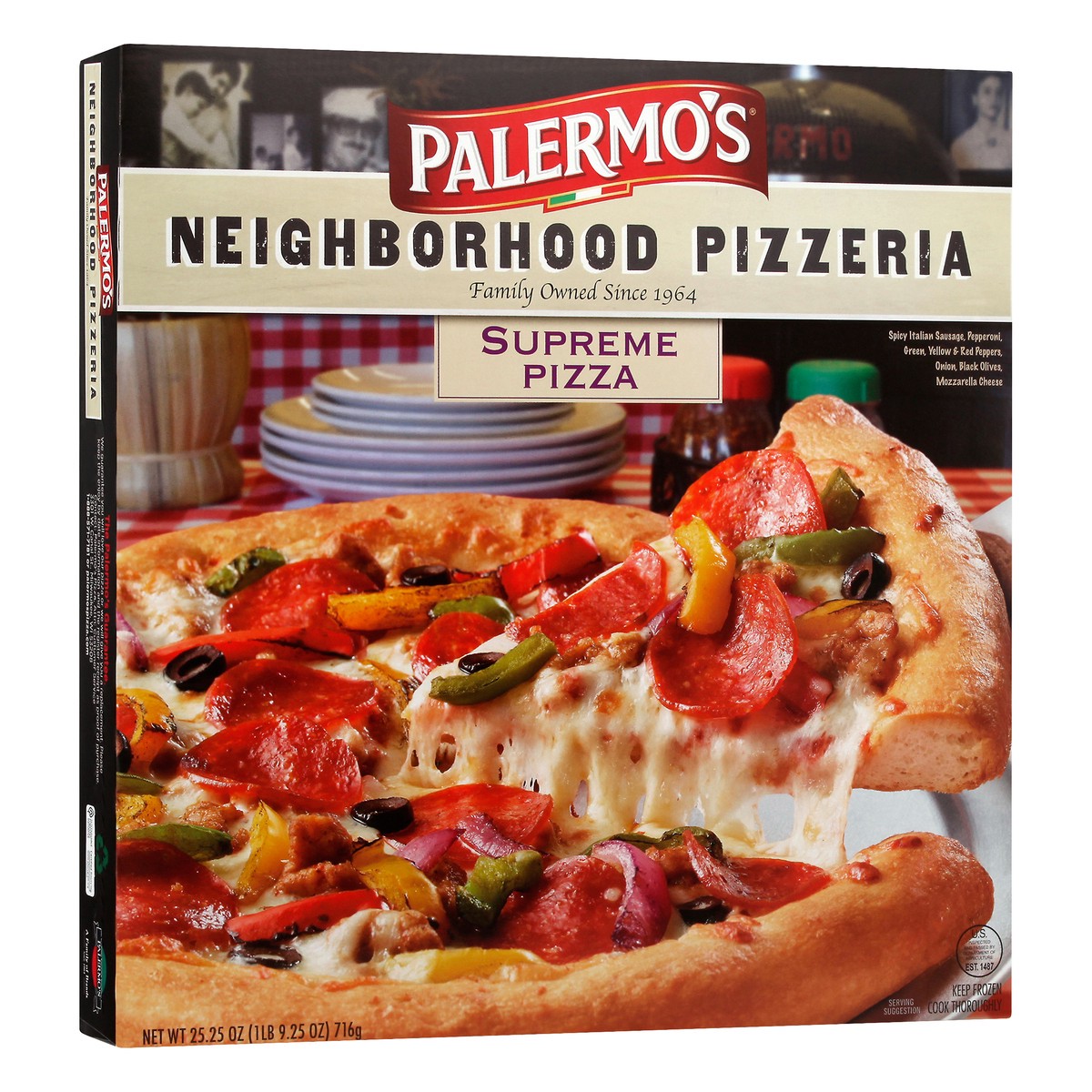 slide 2 of 9, Palermo's Neighborhood Pizzeria Supreme Pizza 25.25 oz Box, 25.25 oz