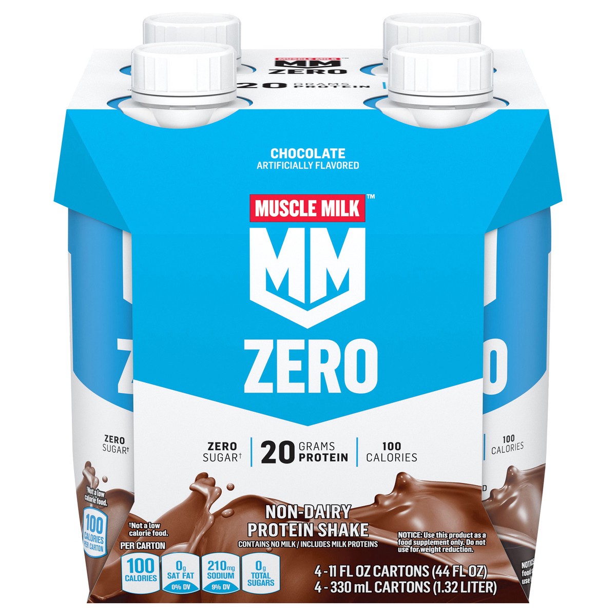 slide 1 of 8, Muscle Milk Zero Sugar Non-Dairy Protein Shake Chocolate Artificially Flavored 11 Fl Oz 4 Count Carton, 