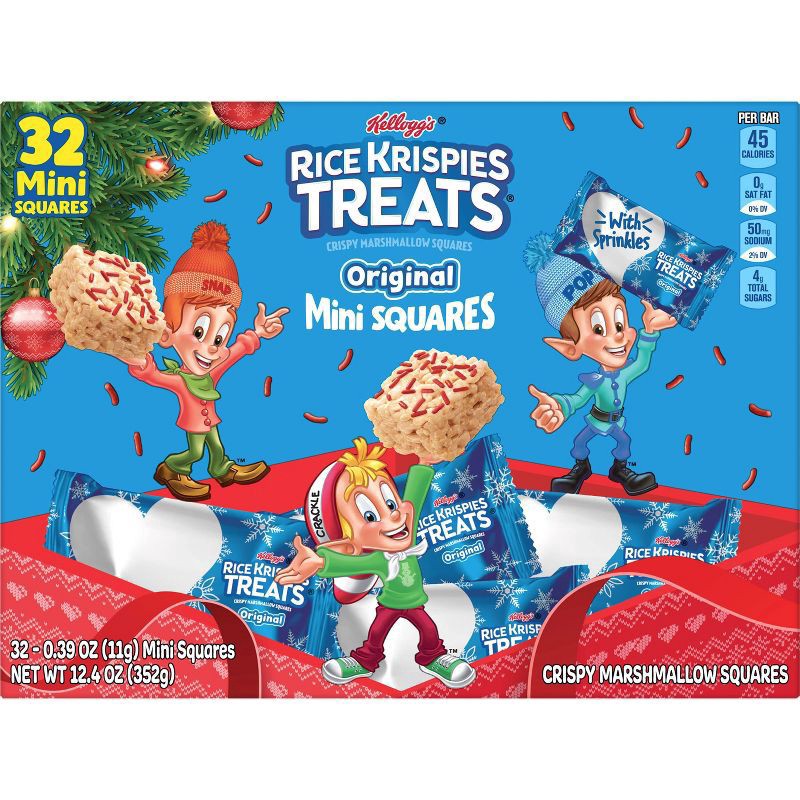 slide 5 of 5, Rice Krispies Treats Mini Marshmallow Cereal Bars, Holiday Snacks, Snack Bars, Original with Holiday Sprinkles, 12.4oz Box, 32 Bars, 12.4 oz