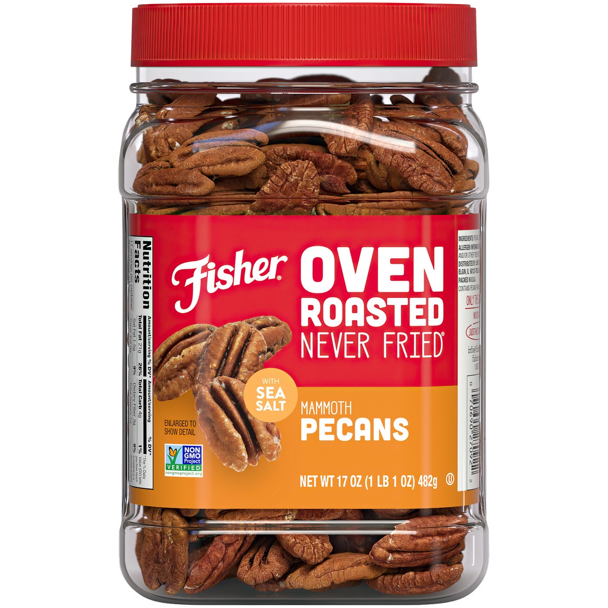 slide 1 of 14, Fisher Oven Roasted Never Fried Mammoth Pecans with Sea Salt 6-17 oz. Jars, 102 oz