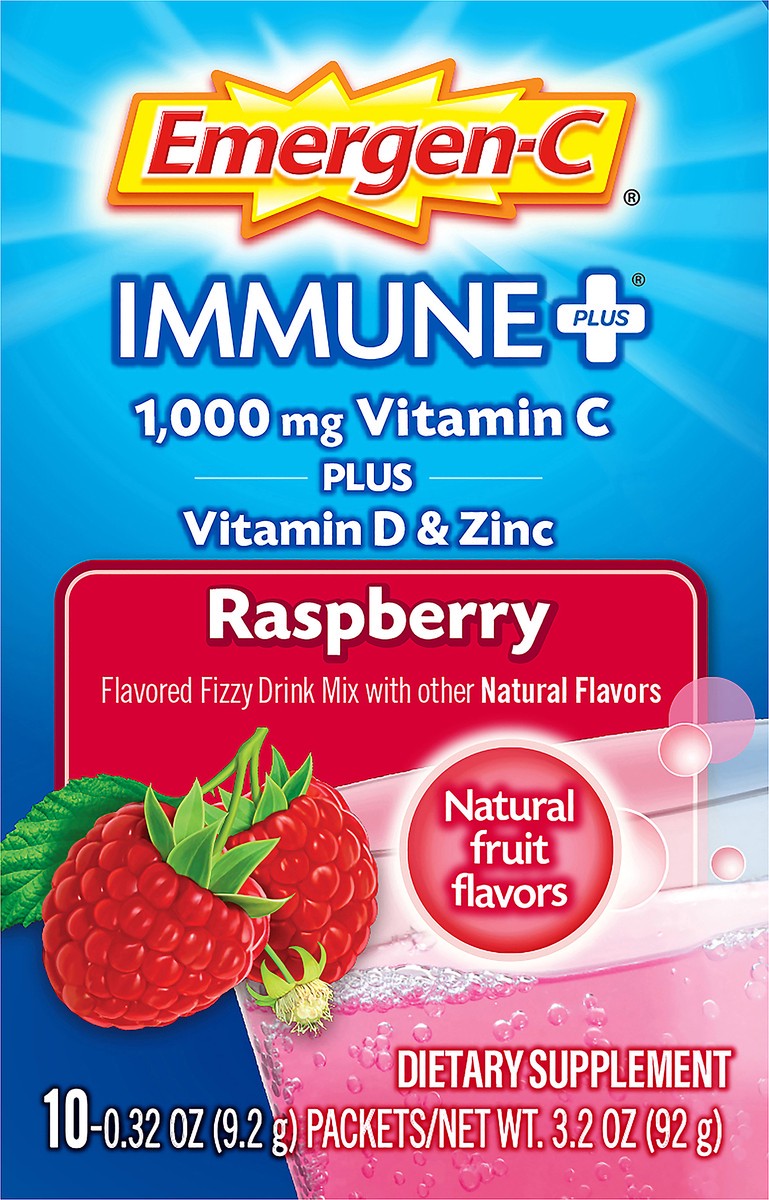 slide 7 of 7, Emergen-C Immune Plus 10 Pack 1000 mg Raspberry Vitamin C + Vitamin D & Zinc 10 ea, 10 ct