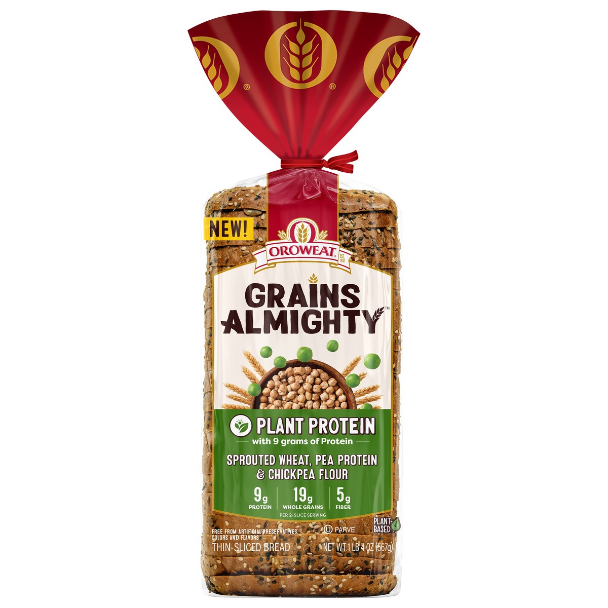 slide 8 of 11, Oroweat Grains Almighty Plant Protein Bread, 20 oz, 20 fl oz