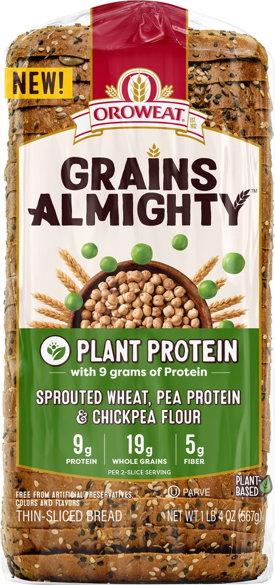 slide 4 of 11, Oroweat Grains Almighty Plant Protein Bread, 20 oz, 20 fl oz