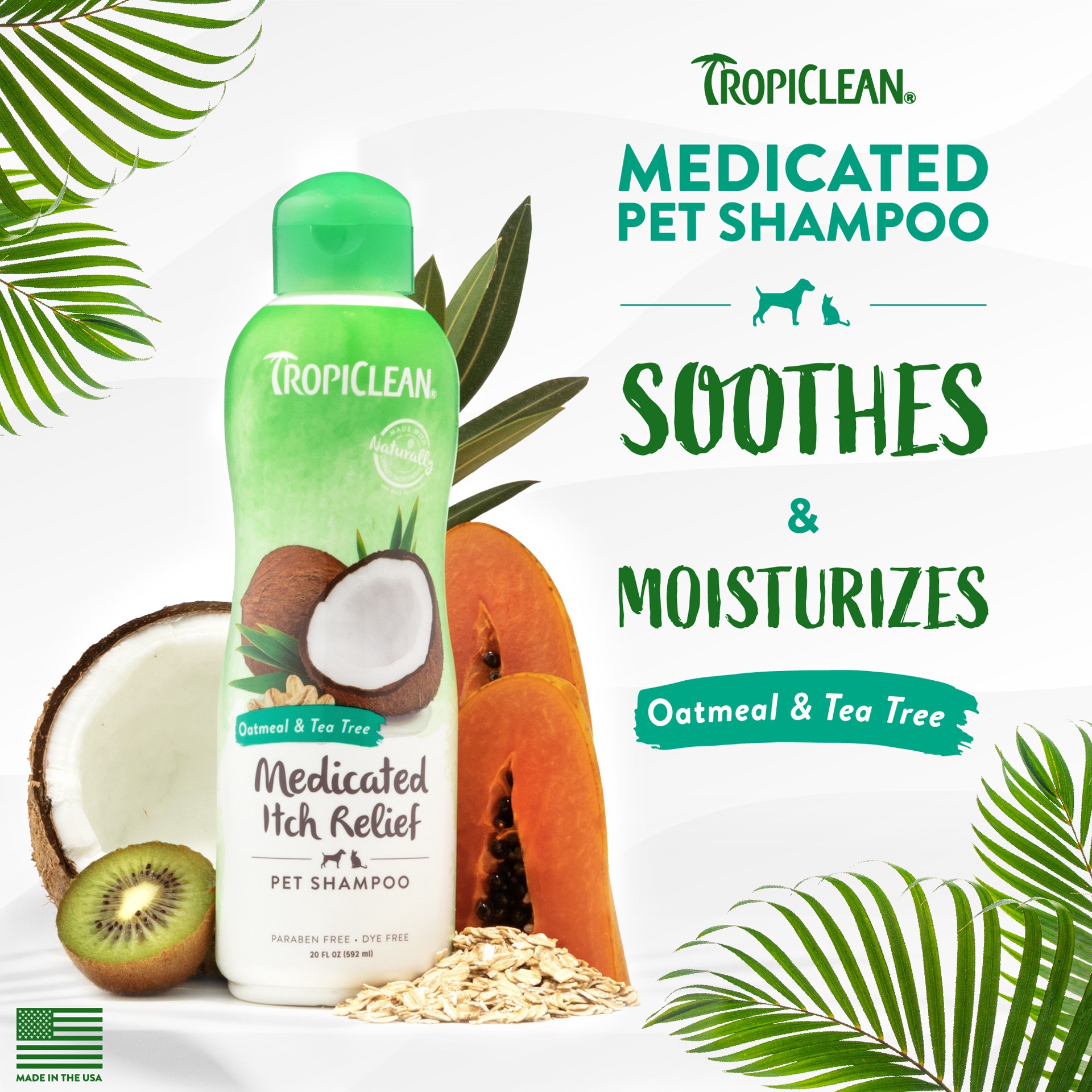 slide 5 of 10, TropiClean Oatmeal & Tea Tree Medicated Itch Relief Shampoo for Pets, 20oz, 20 oz