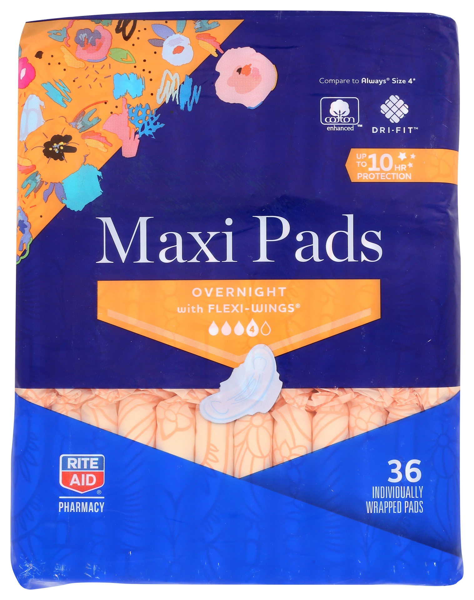 slide 1 of 1, Rite Aid Overnight Maxi Pads with Flexi-Wings, 36 ct