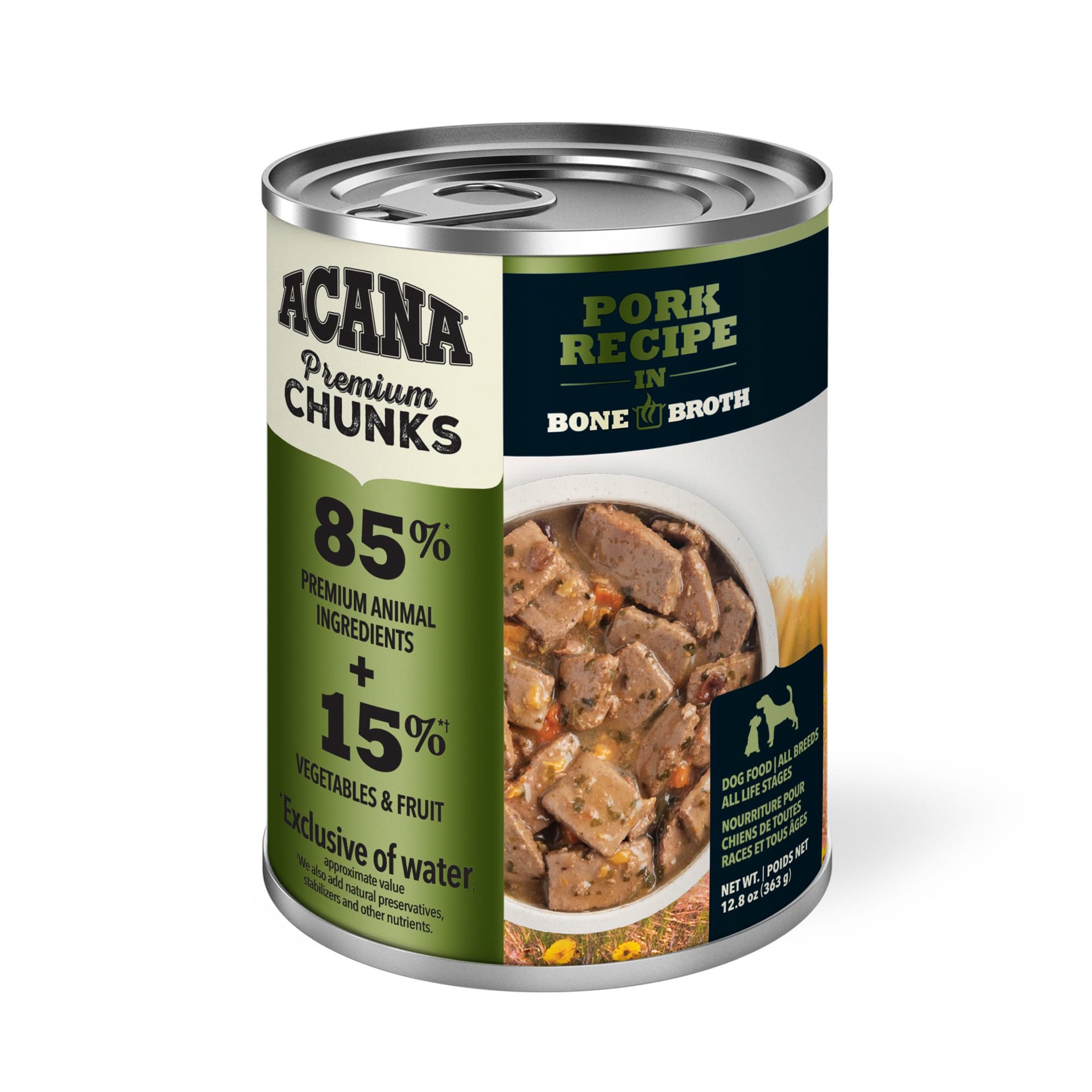 slide 1 of 5, ACANA Premium Chunks Wet Dog Food Pork Recipe in Bone Broth, 12.8oz, case of 12 cans, 12.8 oz