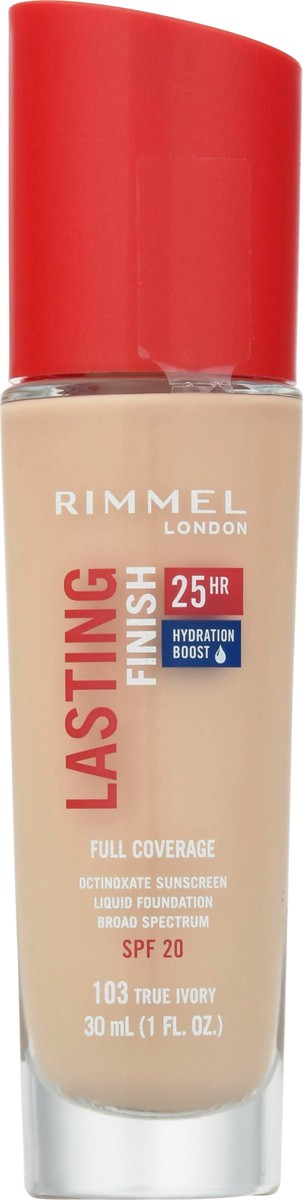 slide 7 of 13, Rimmel London SPF 20 True Ivory 103 Lasting Finish Full Coverage Liquid Foundation 1 fl oz, 30 ml
