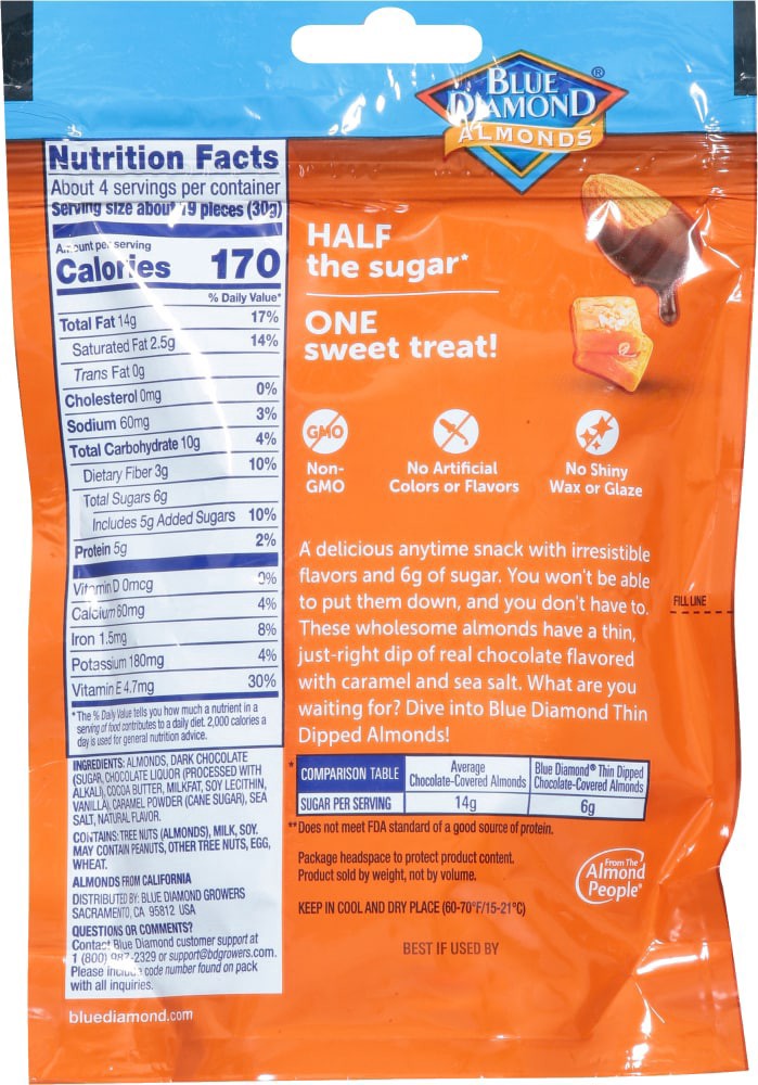 slide 2 of 2, Blue Diamond Thin Dipped Dark Chocolate Sea Salt Caramel Flavored Almonds 4 oz, 4 oz