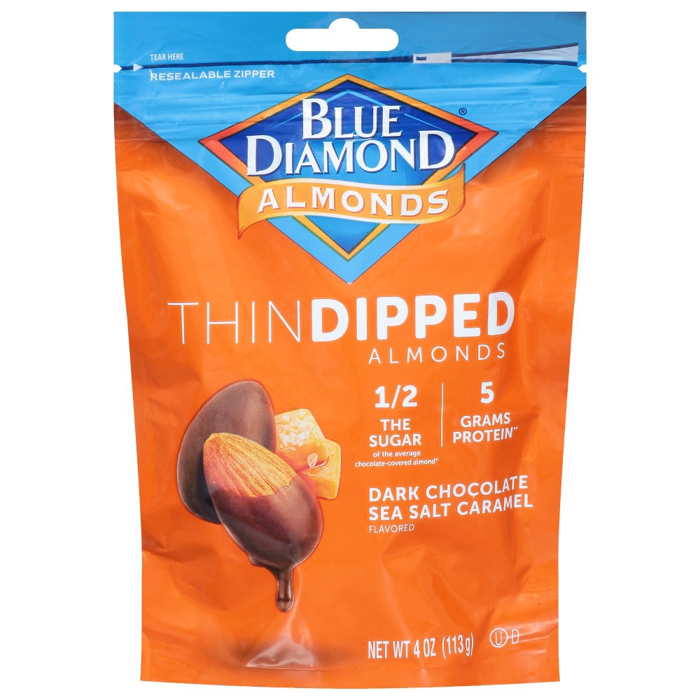 slide 1 of 2, Blue Diamond Thin Dipped Dark Chocolate Sea Salt Caramel Flavored Almonds 4 oz, 4 oz