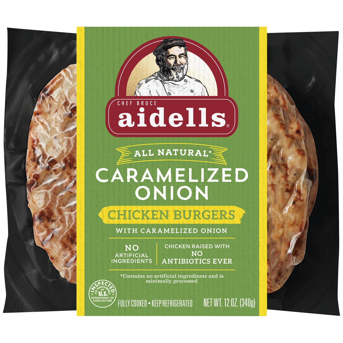 slide 1 of 5, Aidells Carmelized Onion Chicken Burgers, 12 oz