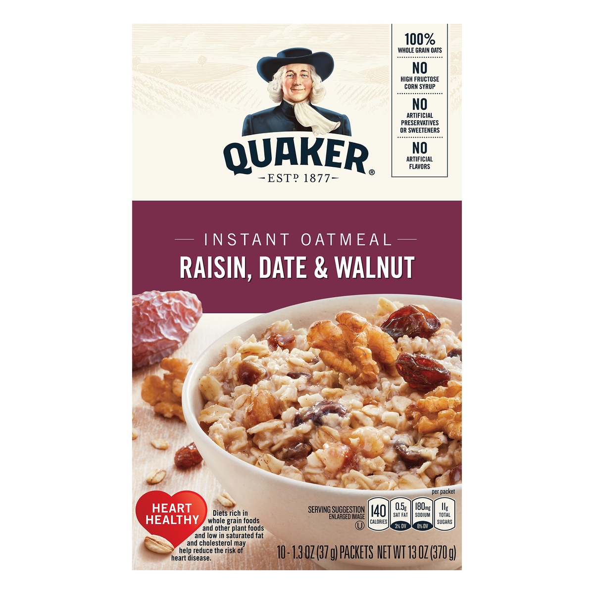 slide 1 of 7, Quaker Raisin Date Walnut Instant Oatmeal, 10 ct