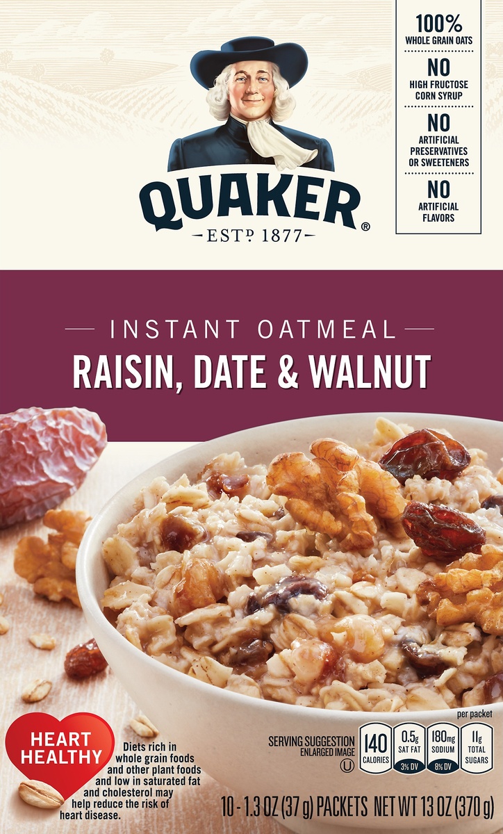 slide 5 of 7, Quaker Raisin Date Walnut Instant Oatmeal, 10 ct