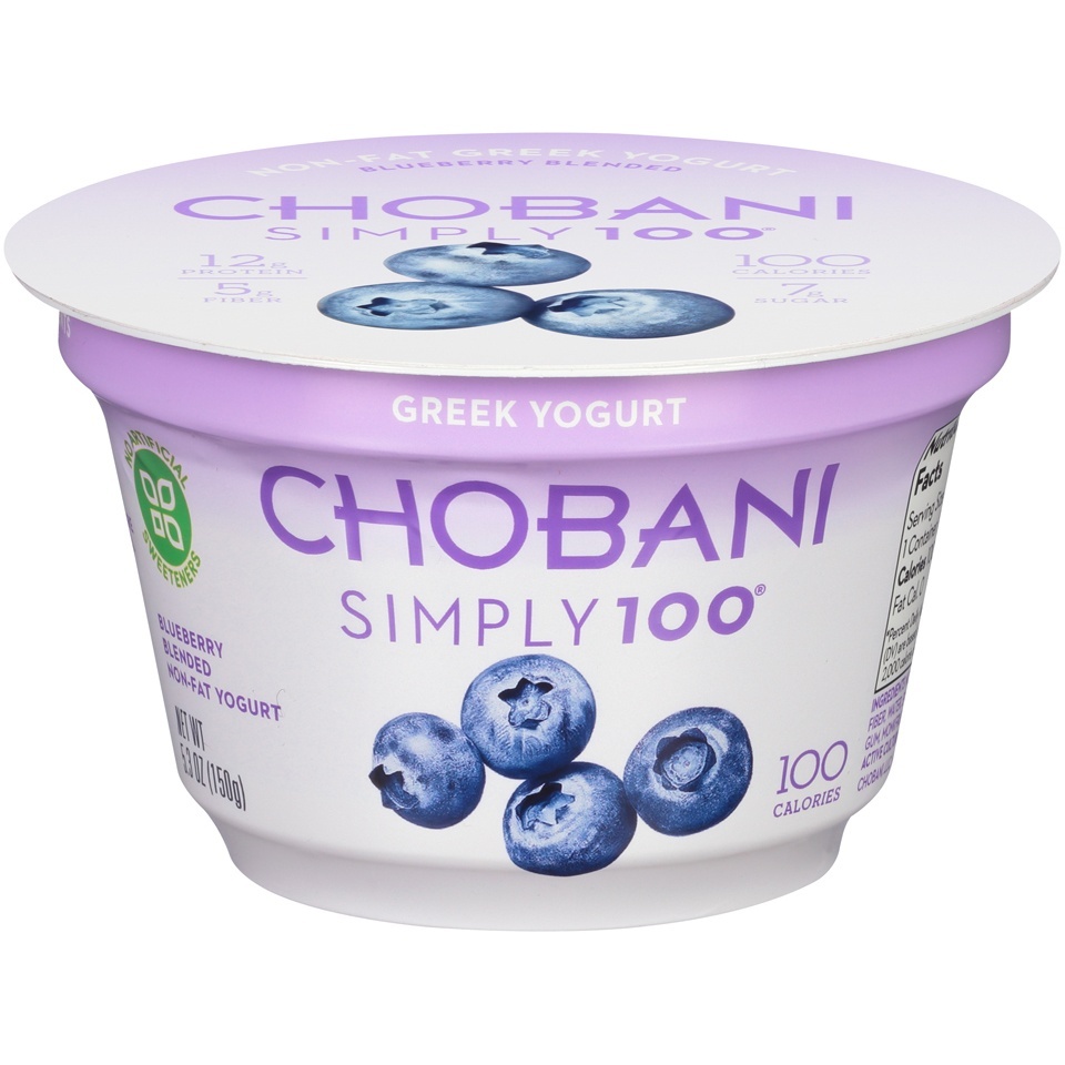 slide 1 of 1, Chobani Simply 100 Blueberry Blended Non-Fat Greek Yogurt, 5.3 oz