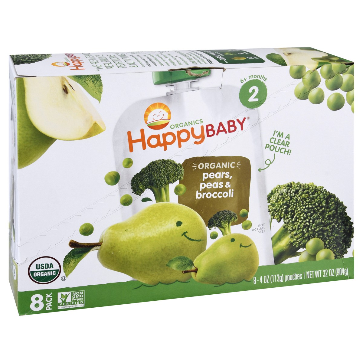 slide 3 of 11, Happy Baby Organics 8 Pack 2 (6+ Months) Organic Pears, Peas & Broccoli Baby Food 8 ea, 8 ct