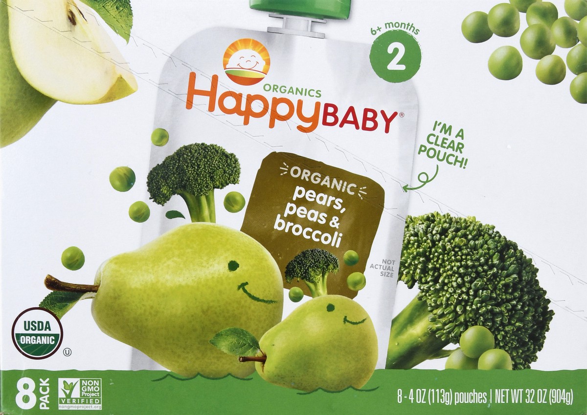 slide 4 of 11, Happy Baby Organics 8 Pack 2 (6+ Months) Organic Pears, Peas & Broccoli Baby Food 8 ea, 8 ct