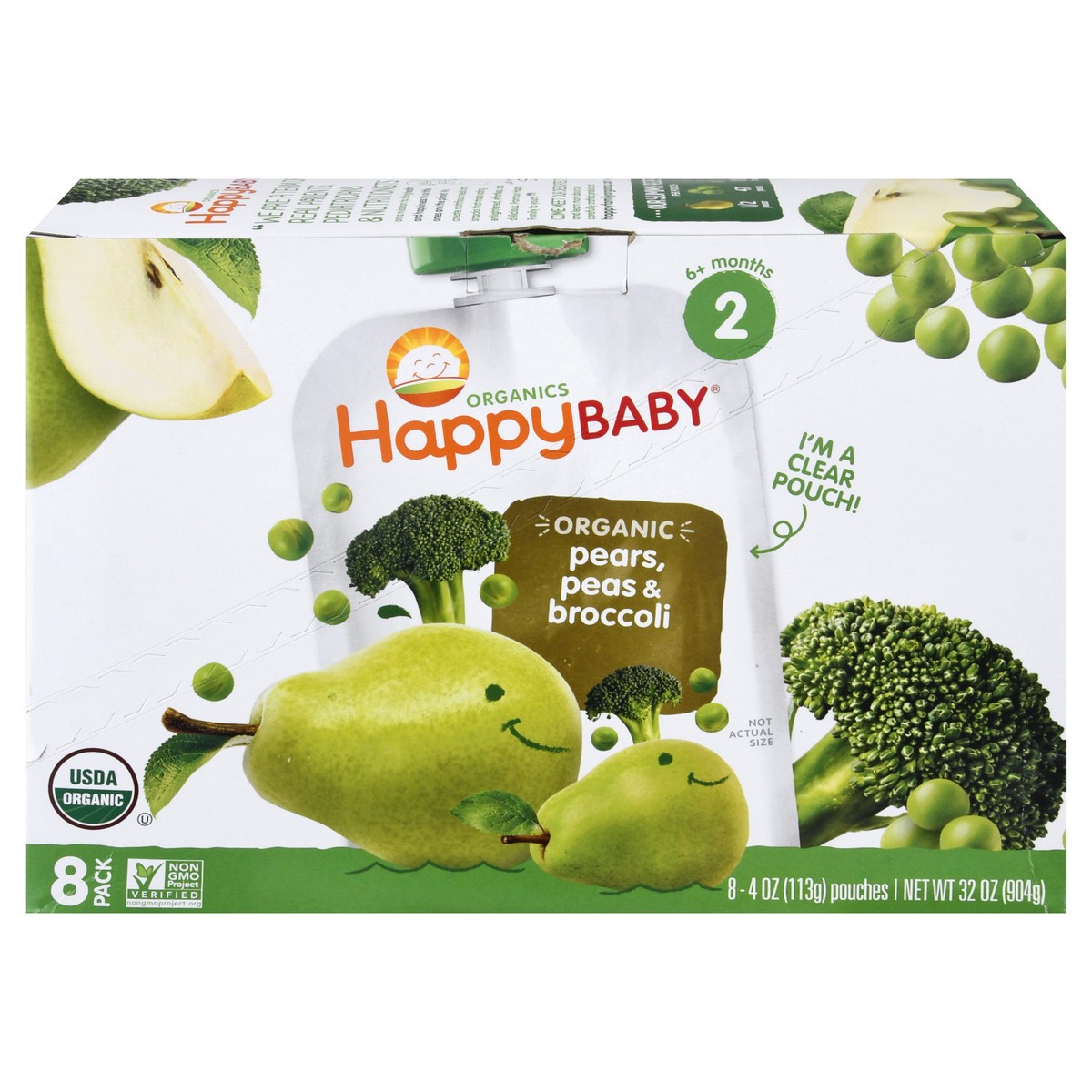 slide 1 of 11, Happy Baby Organics 8 Pack 2 (6+ Months) Organic Pears, Peas & Broccoli Baby Food 8 ea, 8 ct