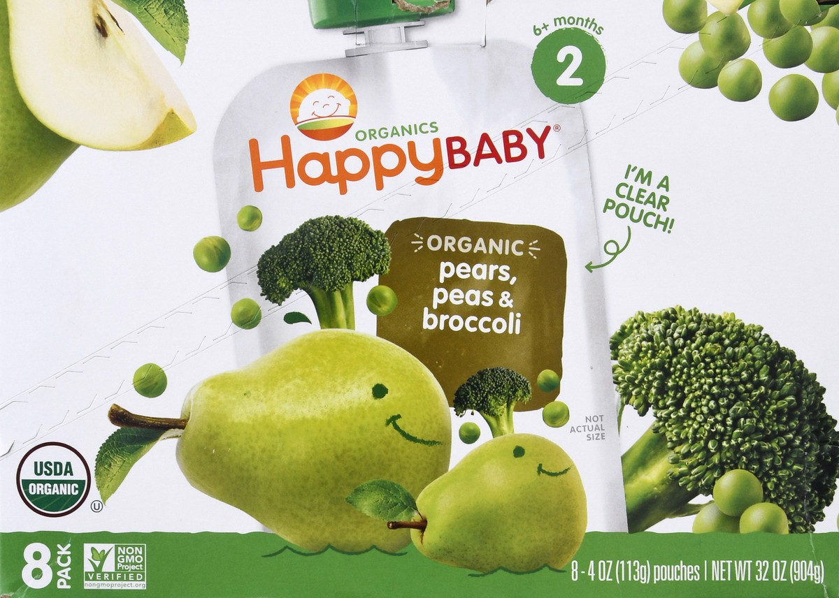 slide 1 of 11, Happy Baby Organics 8 Pack 2 (6+ Months) Organic Pears, Peas & Broccoli Baby Food 8 ea, 8 ct