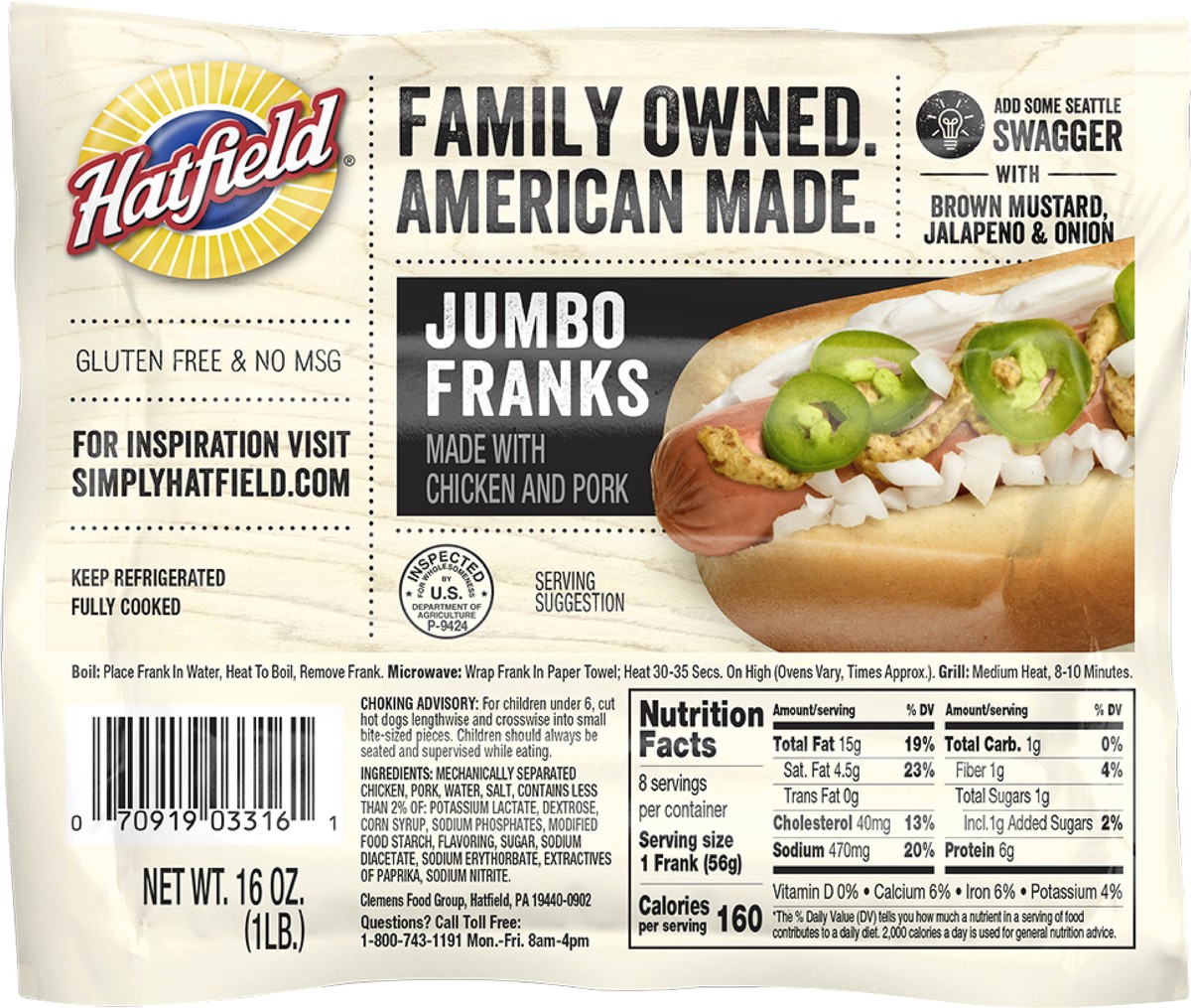 slide 2 of 6, Hatfield Jumbo Franks 16 oz, 16 oz