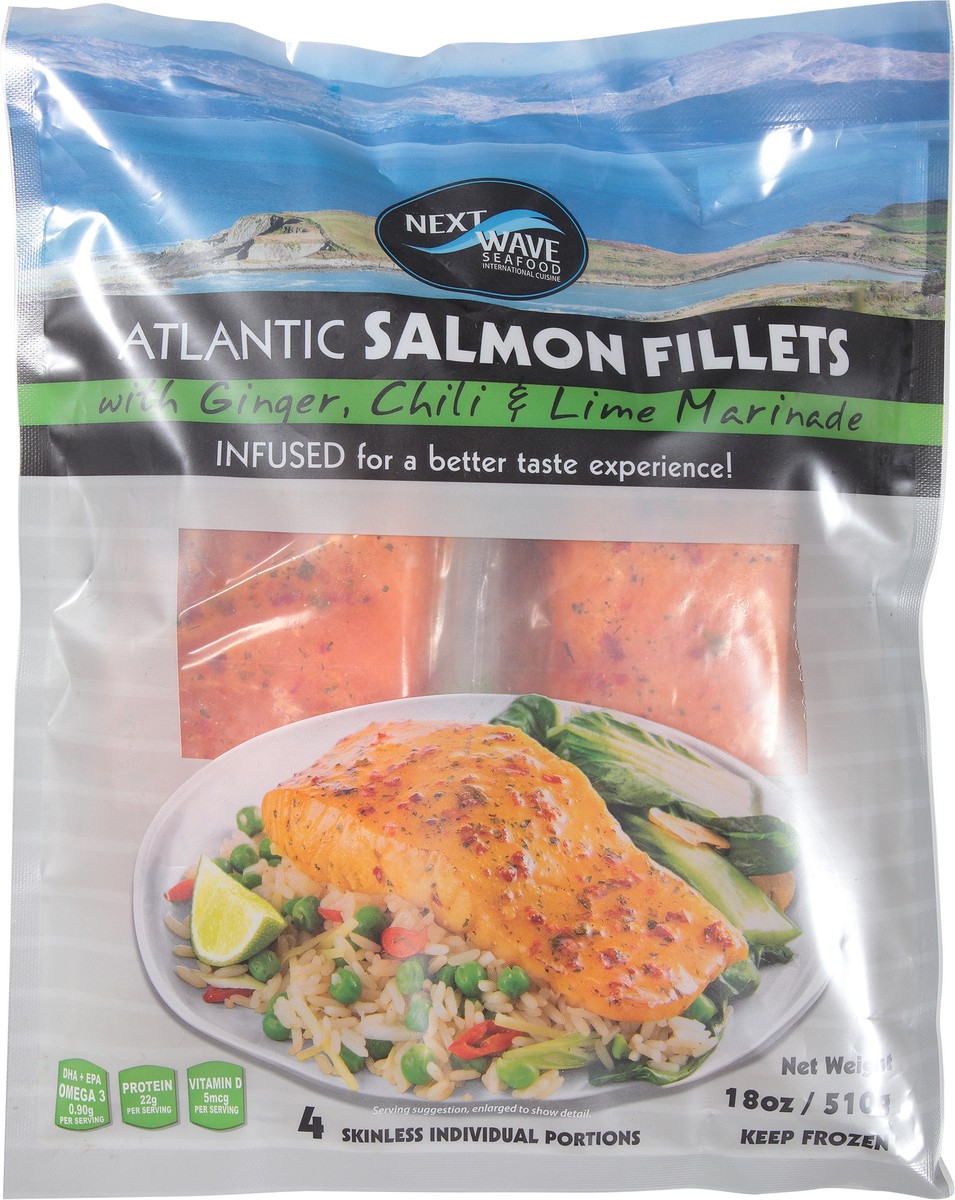 slide 1 of 13, Next Wave Seafood Atlantic Salmon Fillets with Ginger, Chili & Lime Marinade 4 Portions, 18 oz