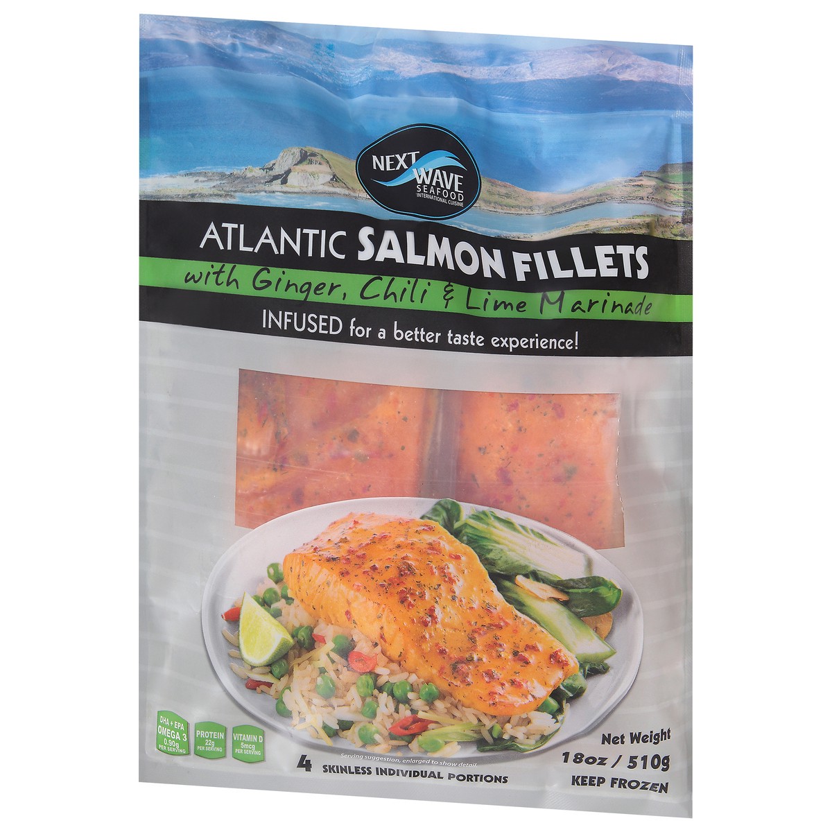 slide 9 of 13, Next Wave Seafood Atlantic Salmon Fillets with Ginger, Chili & Lime Marinade 4 Portions, 18 oz