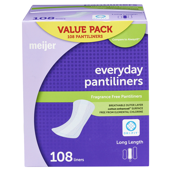 slide 1 of 1, Meijer Everyday Pantiliners, Unscented, Long, 108 ct