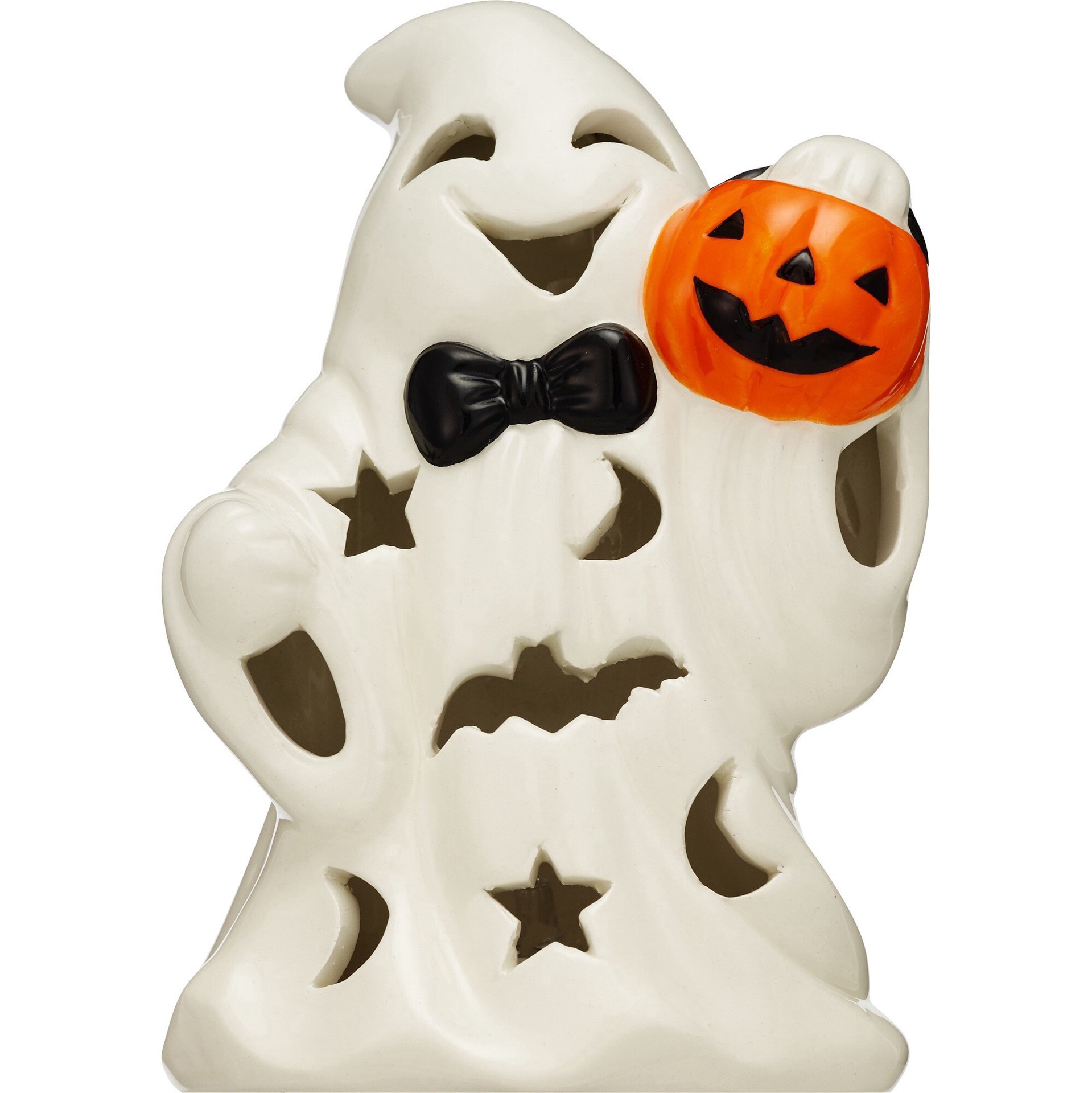 slide 1 of 1, Spooky Village Light Up Ceramic Smiling Ghost With Pumpkin, 1 ct