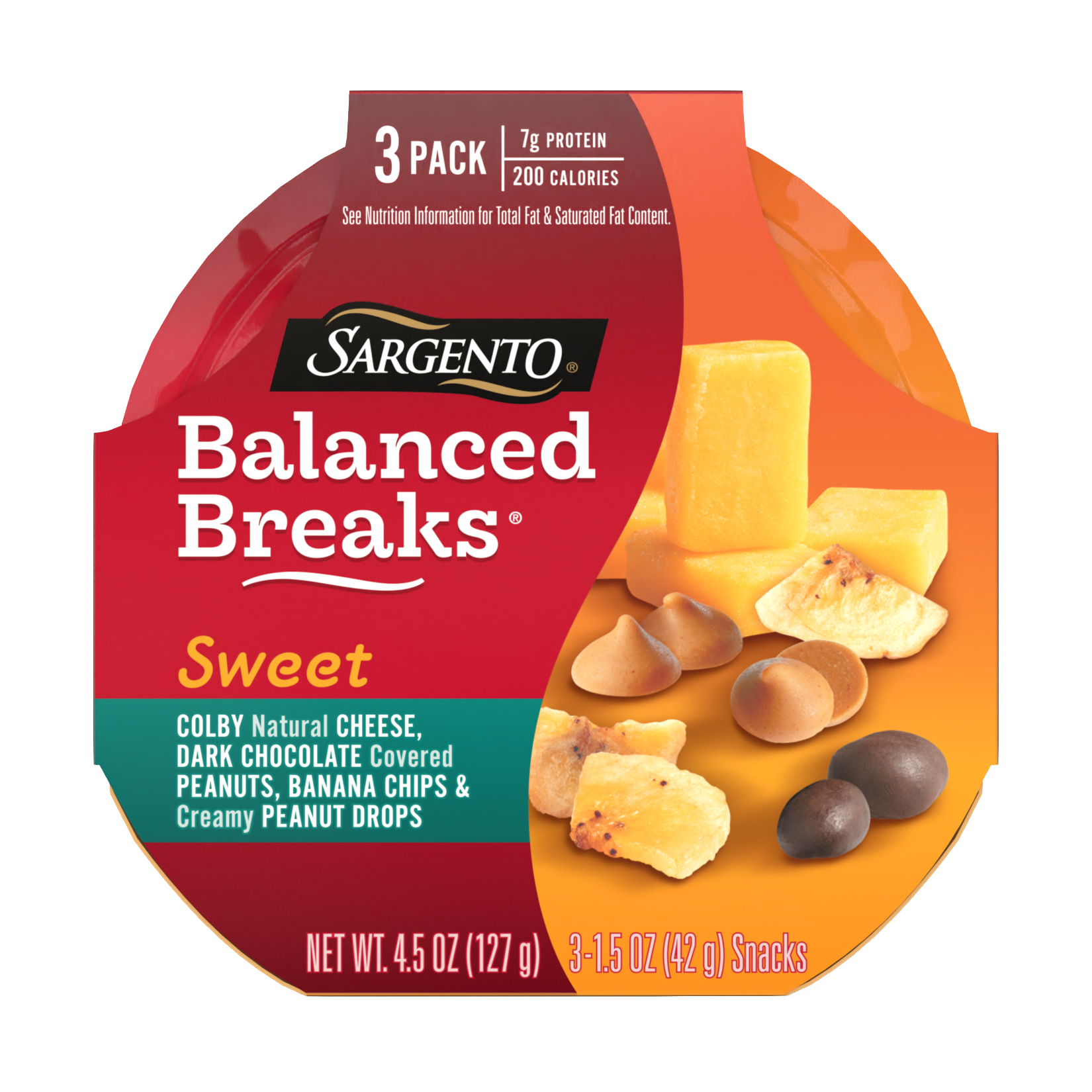 slide 1 of 17, Sargento Sweet Balanced Breaks with Colby Natural Cheese, Dark Chocolate Covered Peanuts, Banana Chips and Creamy Peanut Drops, 1.5 oz., 3-Pack, 4.5 oz