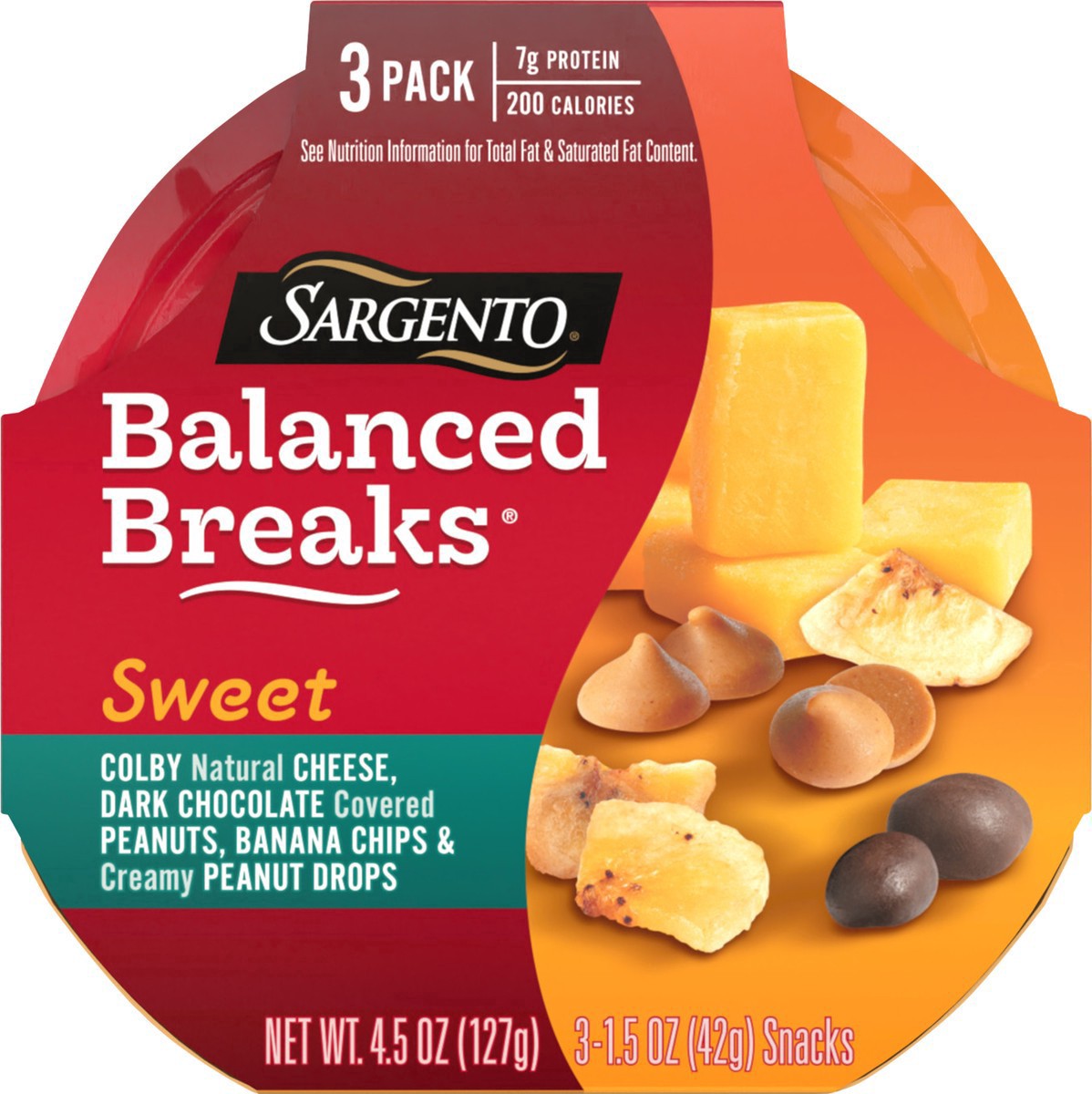 slide 13 of 17, Sargento Sweet Balanced Breaks with Colby Natural Cheese, Dark Chocolate Covered Peanuts, Banana Chips and Creamy Peanut Drops, 1.5 oz., 3-Pack, 4.5 oz