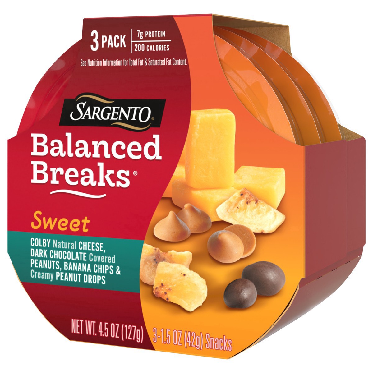 slide 8 of 17, Sargento Sweet Balanced Breaks with Colby Natural Cheese, Dark Chocolate Covered Peanuts, Banana Chips and Creamy Peanut Drops, 1.5 oz., 3-Pack, 4.5 oz