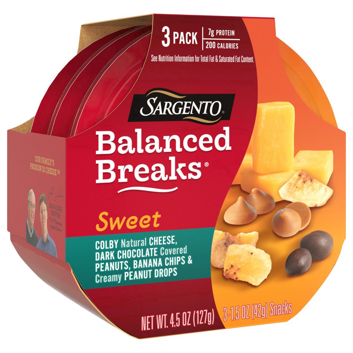 slide 11 of 17, Sargento Sweet Balanced Breaks with Colby Natural Cheese, Dark Chocolate Covered Peanuts, Banana Chips and Creamy Peanut Drops, 1.5 oz., 3-Pack, 4.5 oz