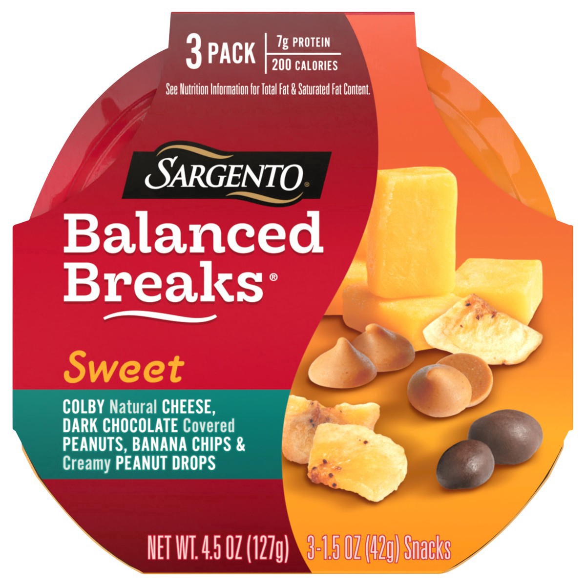slide 12 of 17, Sargento Sweet Balanced Breaks with Colby Natural Cheese, Dark Chocolate Covered Peanuts, Banana Chips and Creamy Peanut Drops, 1.5 oz., 3-Pack, 4.5 oz