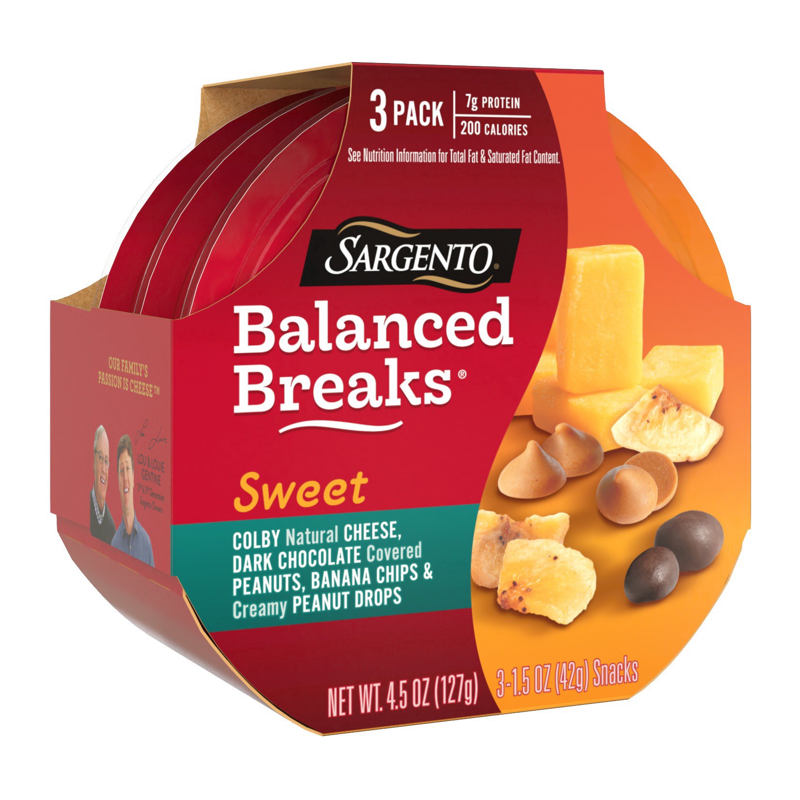 slide 3 of 17, Sargento Sweet Balanced Breaks with Colby Natural Cheese, Dark Chocolate Covered Peanuts, Banana Chips and Creamy Peanut Drops, 1.5 oz., 3-Pack, 4.5 oz