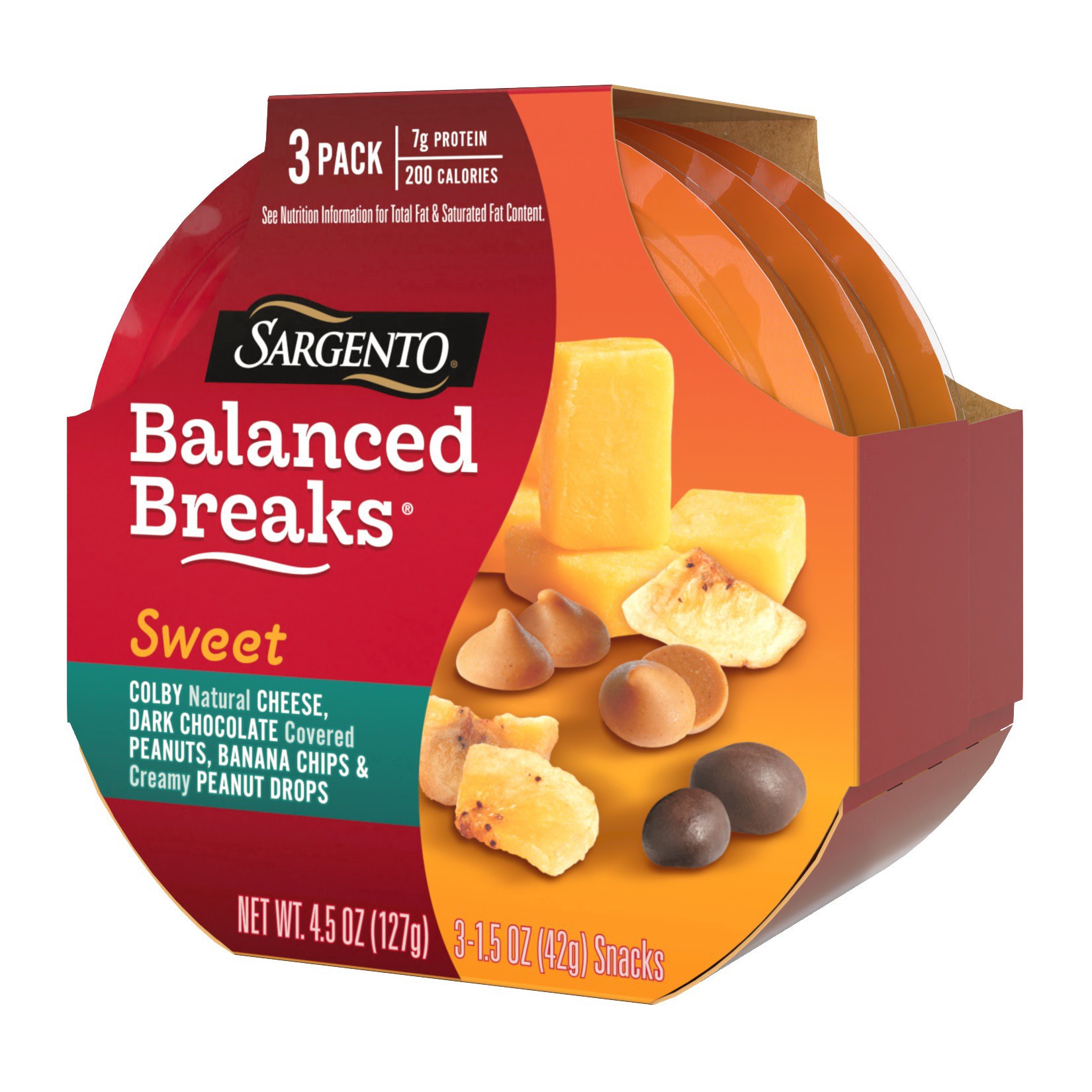 slide 9 of 17, Sargento Sweet Balanced Breaks with Colby Natural Cheese, Dark Chocolate Covered Peanuts, Banana Chips and Creamy Peanut Drops, 1.5 oz., 3-Pack, 4.5 oz