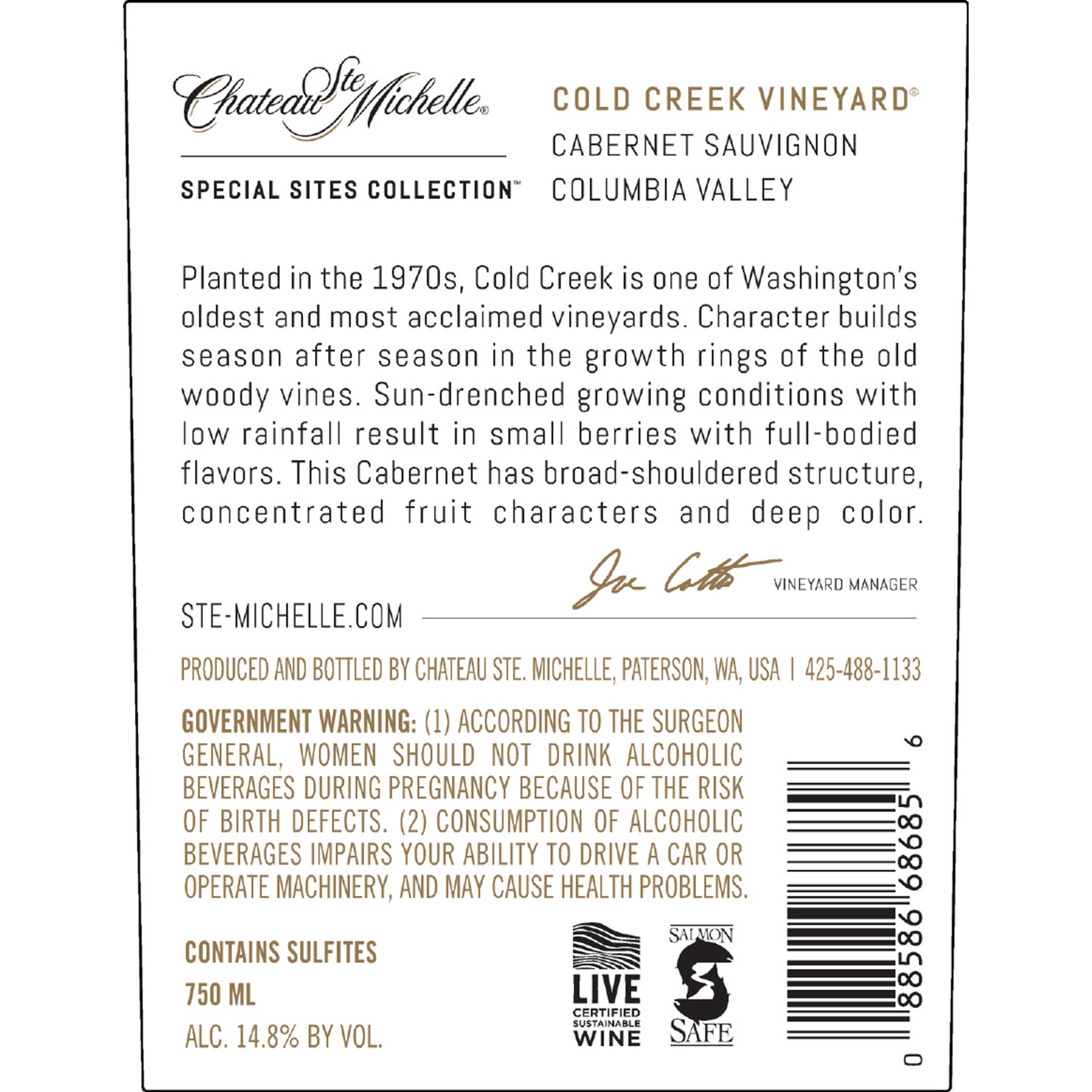 slide 2 of 3, Chateau Ste. Michelle Cold Creek Vineyard Cabernet Sauvignon, Red Wine, 750 mL Bottle, 750 ml