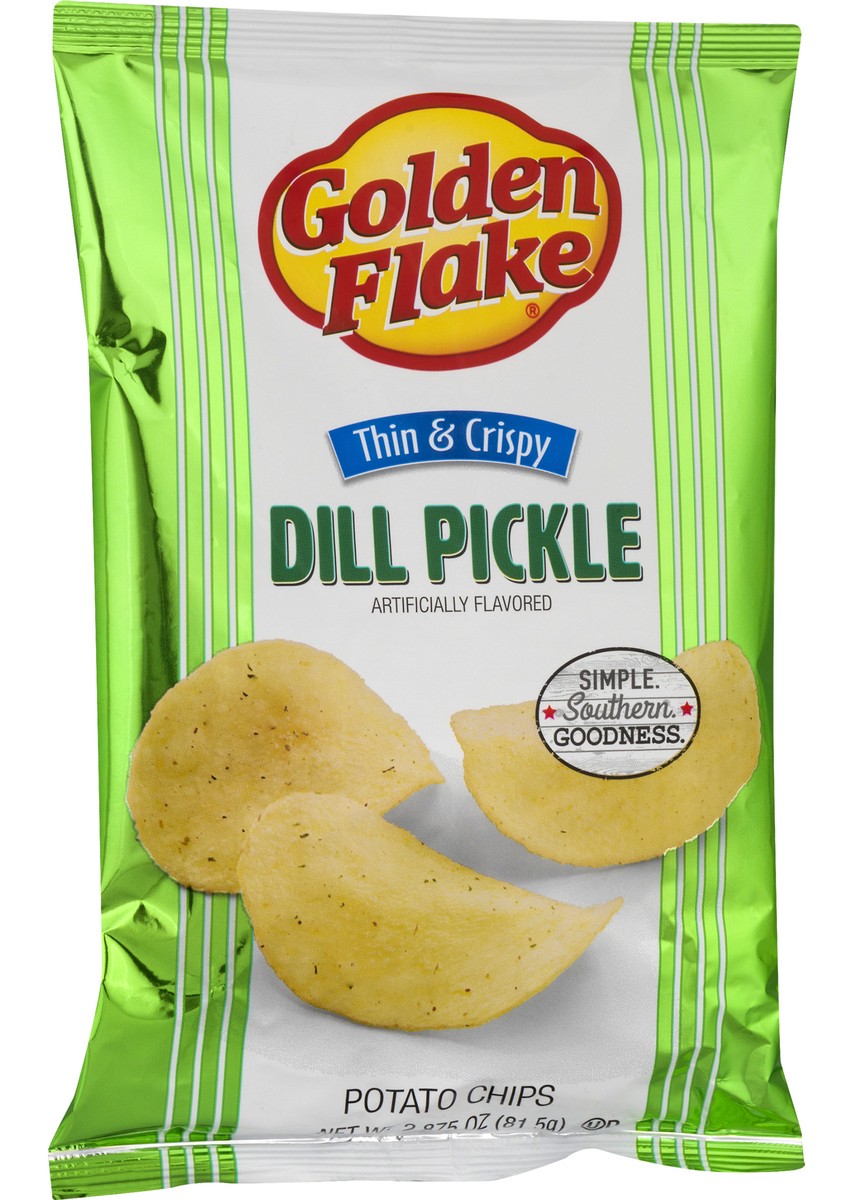 slide 9 of 11, Golden Flake Dill Pickle Flavored Thin & Crispy Potato Chips, 2 oz