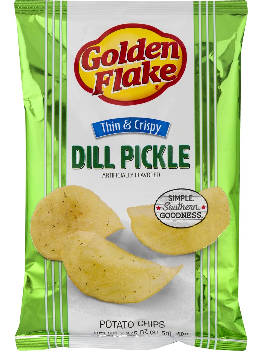 slide 1 of 11, Golden Flake Dill Pickle Flavored Thin & Crispy Potato Chips, 2 oz