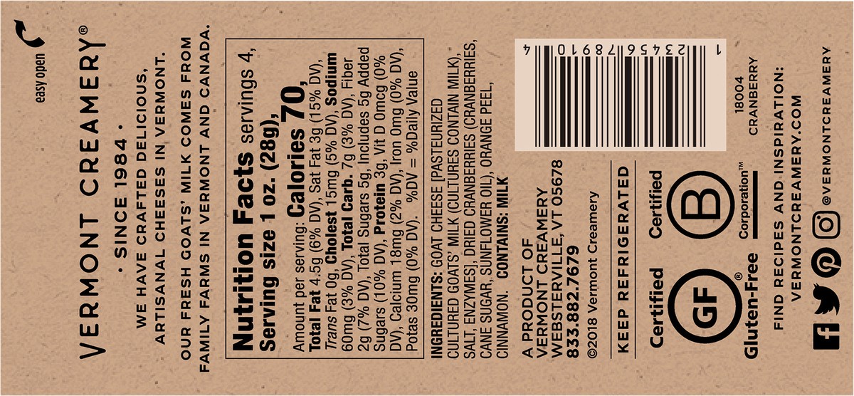 slide 4 of 13, Vermont Creamery Cranberry Orange & Cinnamon Goat Cheese 4 oz. Carded Pack, 4 oz